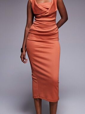 ASOS DESIGN square neck pleated bust midi pencil dress in rust 8